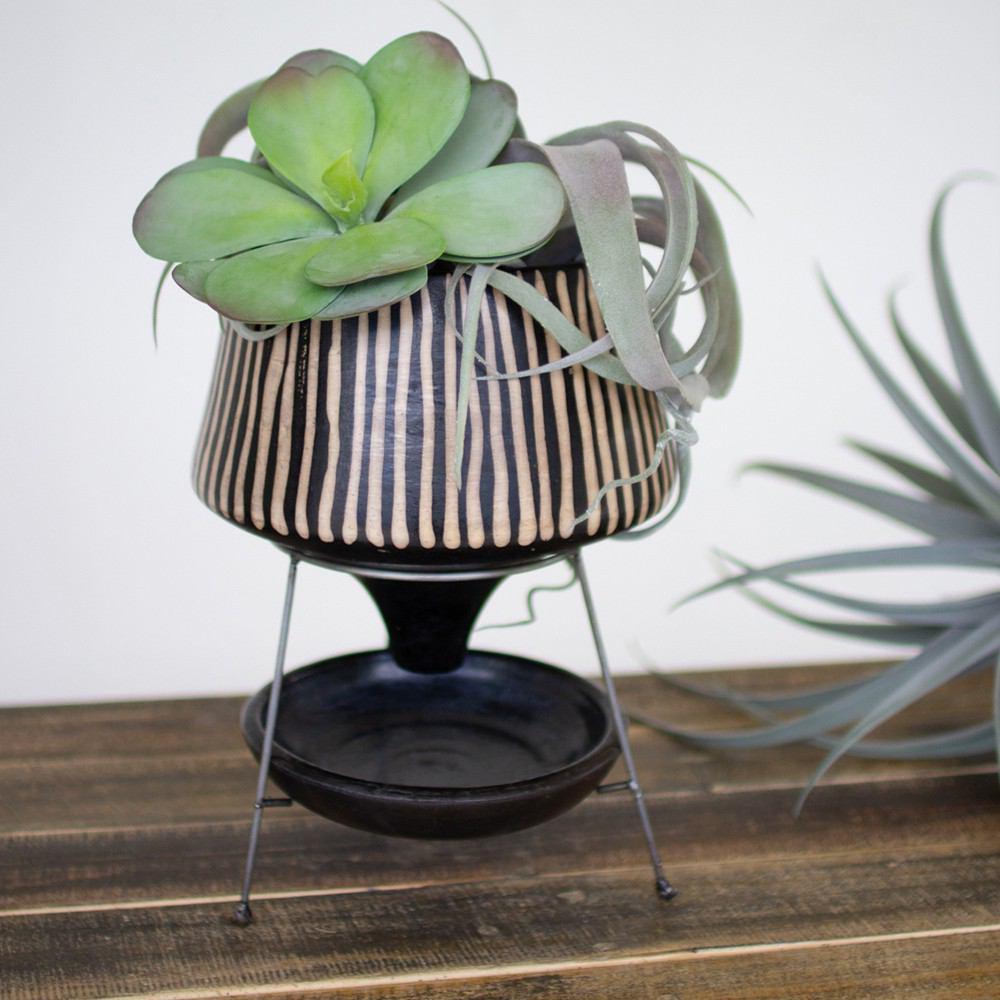Kalalou Black & White Lenca Vessel And Saucer With Raw Metal Stand