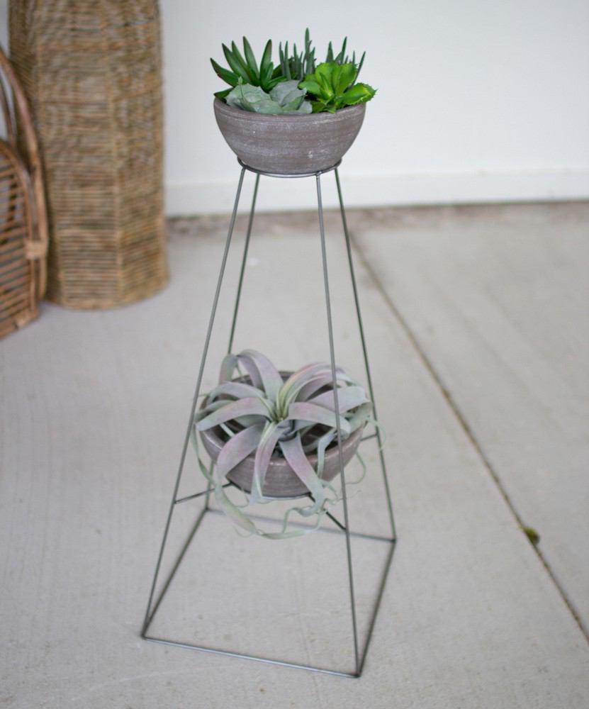 Kalalou Two Tiered Grey Clay Bowl Planters With Tall Raw Wire Stand