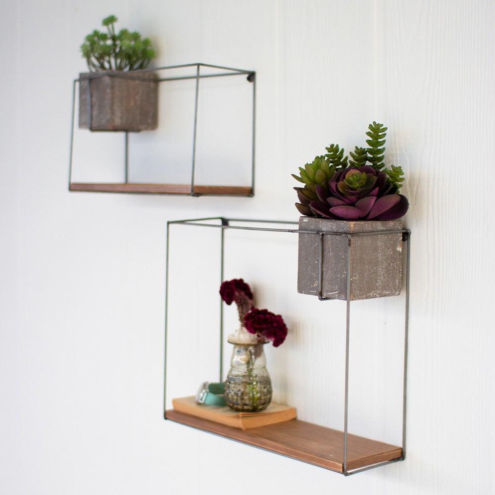 Kalalou Set Of 2 Wood And Wire Shelves With Grey Clay Planters