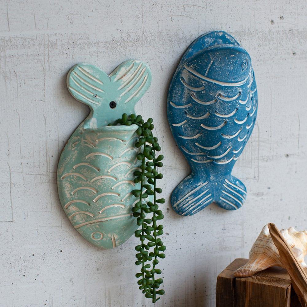 Kalalou Set Of 2 Clay Fish Wall Planters