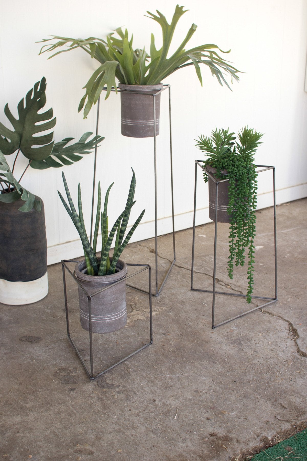 Kalalou Nesting Iron Triangle Planters With Grey Wash Clay Pots - Set Of 3