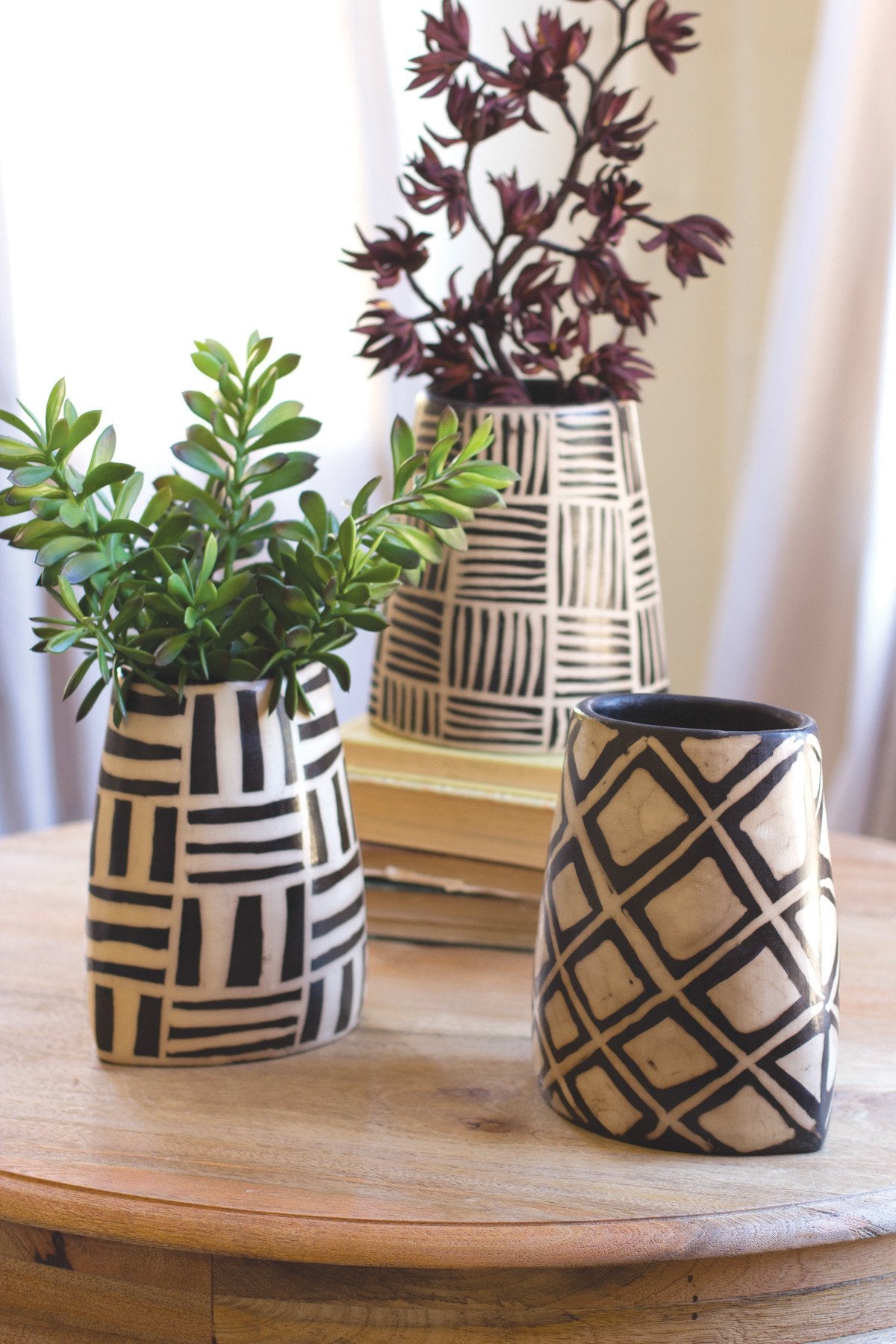 Kalalou Black And White Oval Vases With Geometric Designs - Set Of 3