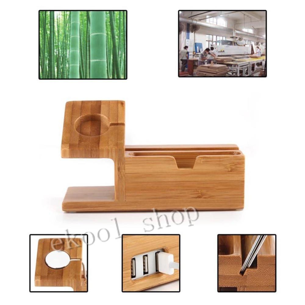 Genuine Bamboo Charging Dock Charger Station Desk Stand Holder for Apple Watch for iPhone 6 6S and Plus with 3 USB Ports Men's Accessories, Modish Store, - Modish Store