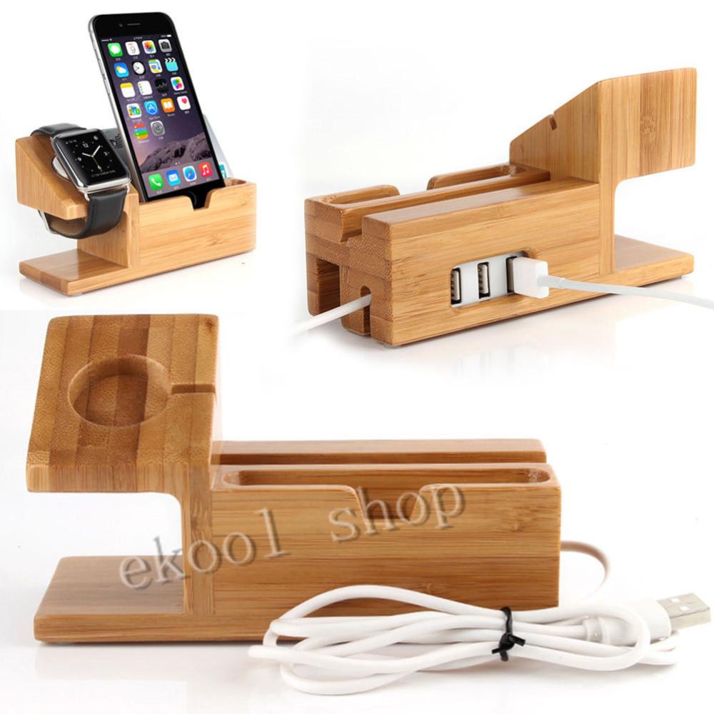 Genuine Bamboo Charging Dock Charger Station Desk Stand Holder for Apple Watch for iPhone 6 6S and Plus with 3 USB Ports Men's Accessories, Modish Store, - Modish Store