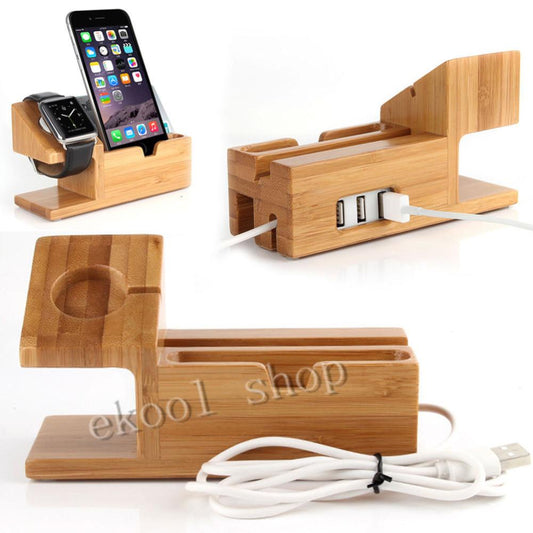 Genuine Bamboo Charging Dock Charger Station Desk Stand Holder for Apple Watch for iPhone 6 6S and Plus with 3 USB Ports Men's Accessories, Modish Store, - Modish Store