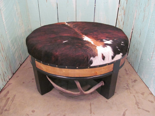 Antlerworx Cowhide Ottoman with Antler Accents (O-1)