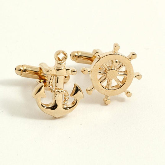 Bey-Berk Gold Plated Ships Anchor & Wheel Cufflinks
