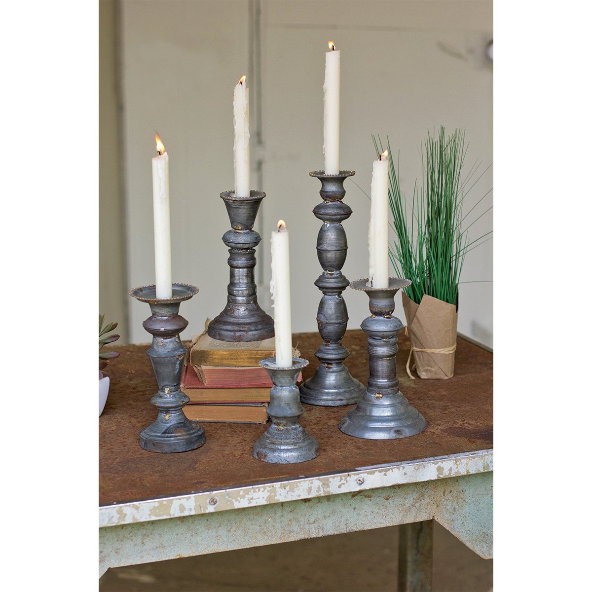 Kalalou Zinc Candle Holders With Brass Detail - Set Of 5
