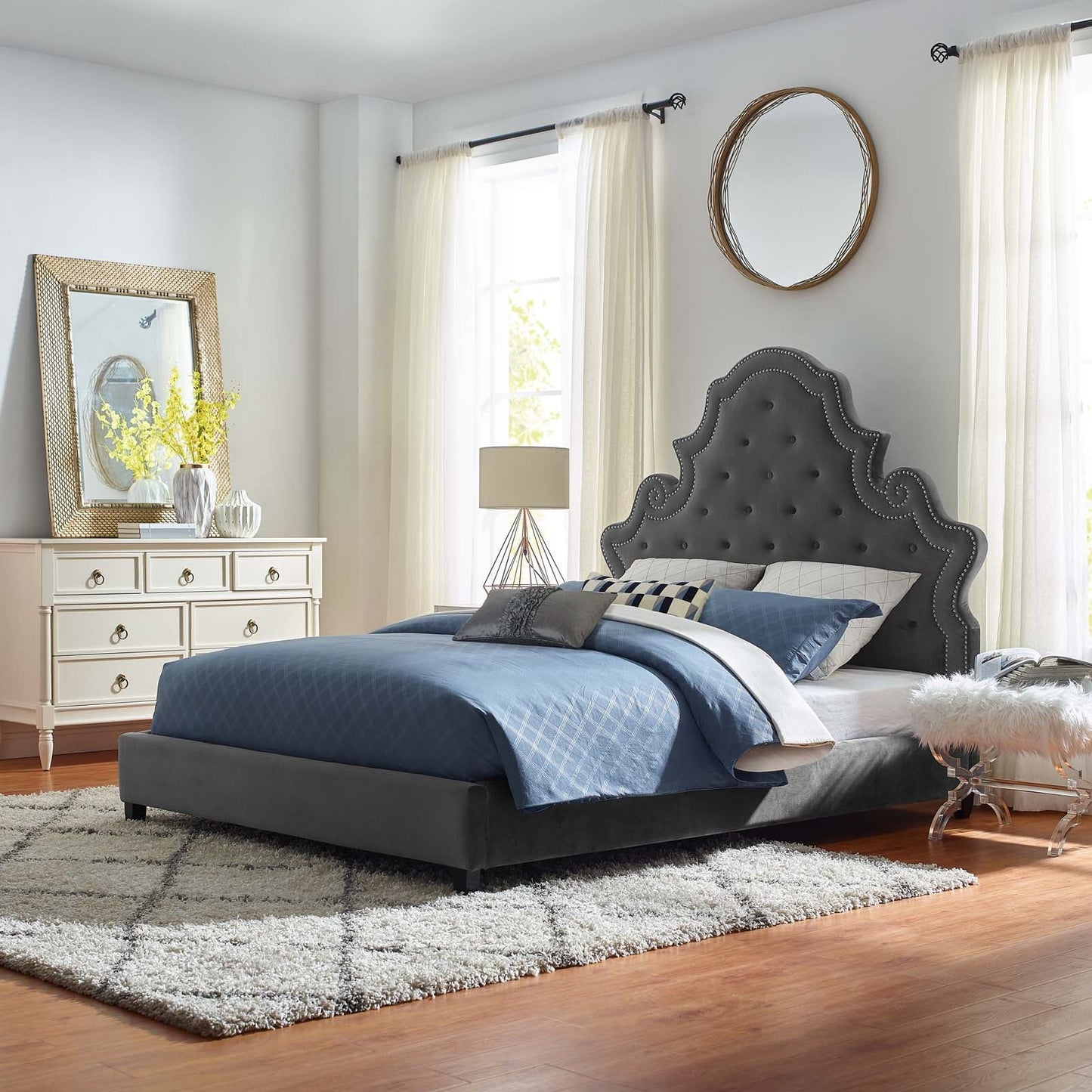 Modway Valentina Queen Tufted Nailhead Performance Velvet Platform Bed | Beds | Modishstore-15