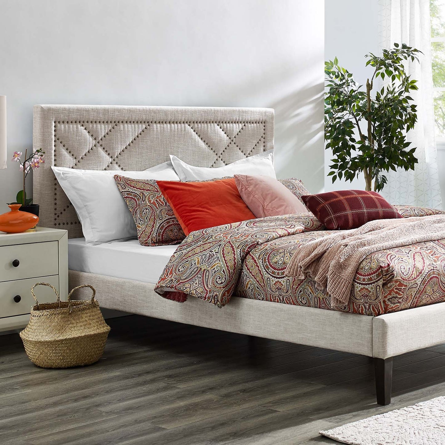 Modway Reese Nailhead King and California King Upholstered Linen Fabric Headboard