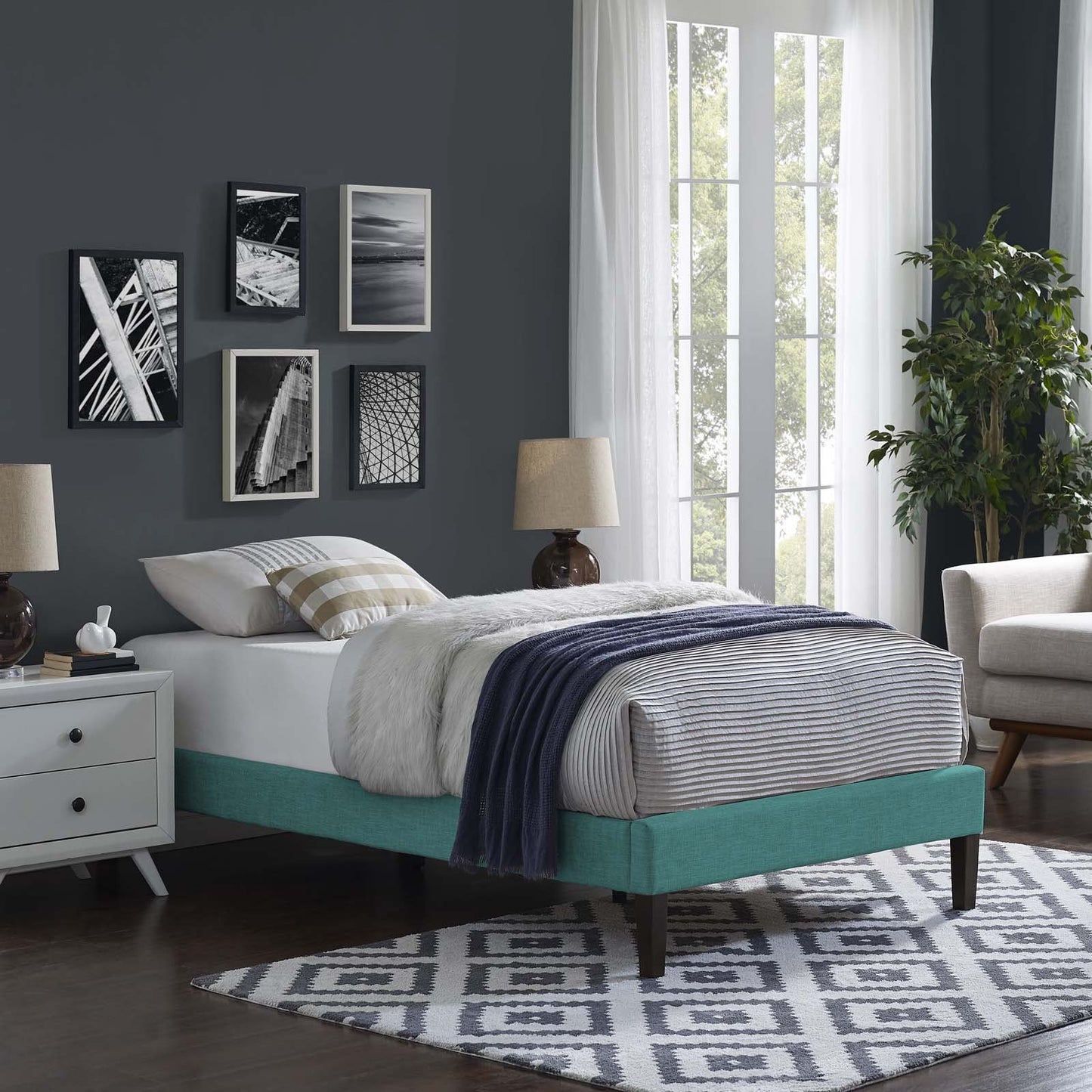 Modway Tessie Twin Fabric Bed Frame with Squared Tapered Legs Teal
