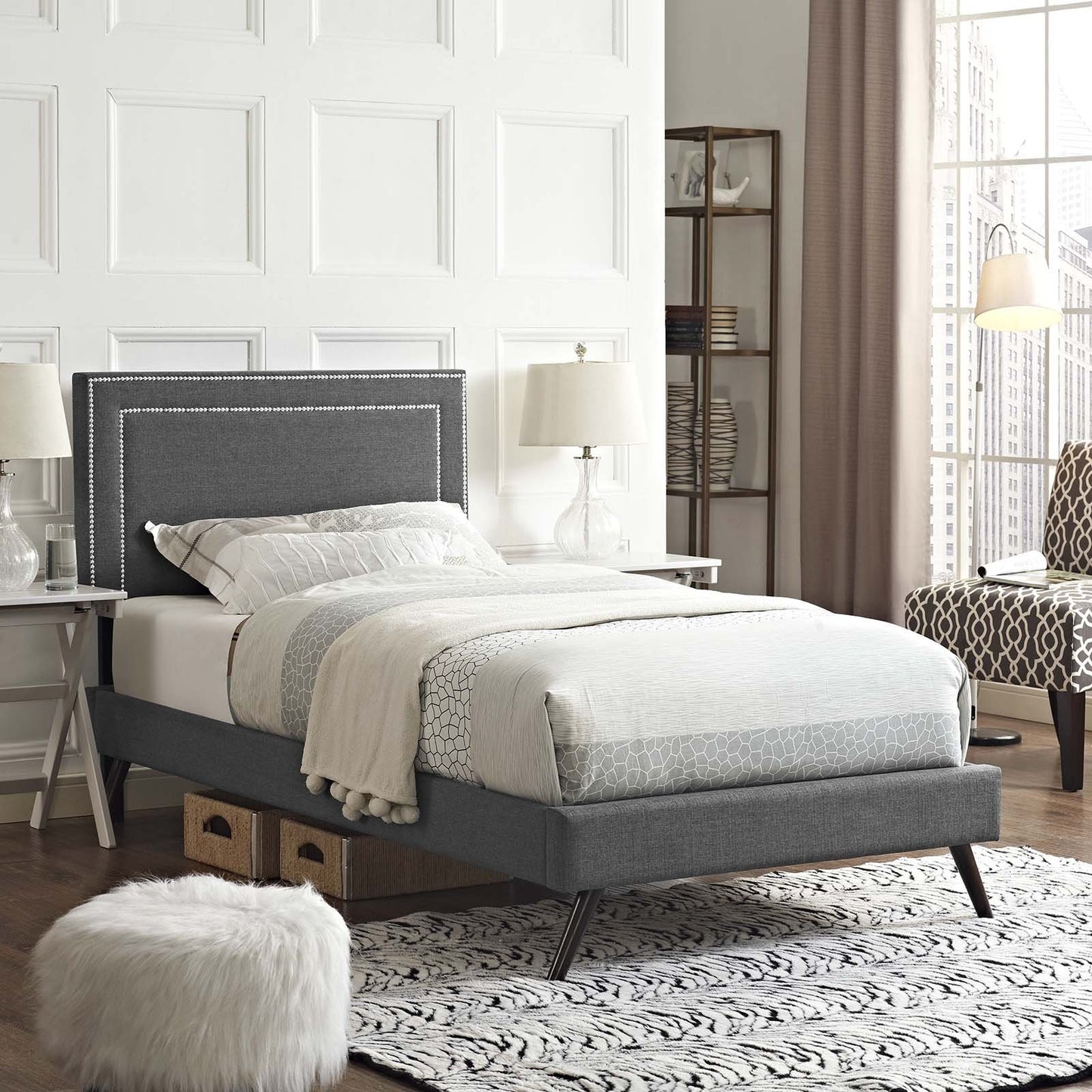 Modway Virginia Twin Fabric Platform Bed with Round Splayed Legs