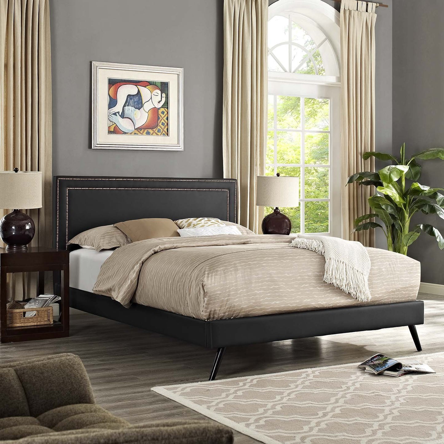 Modway Virginia King Vinyl Platform Bed with Round Splayed Legs