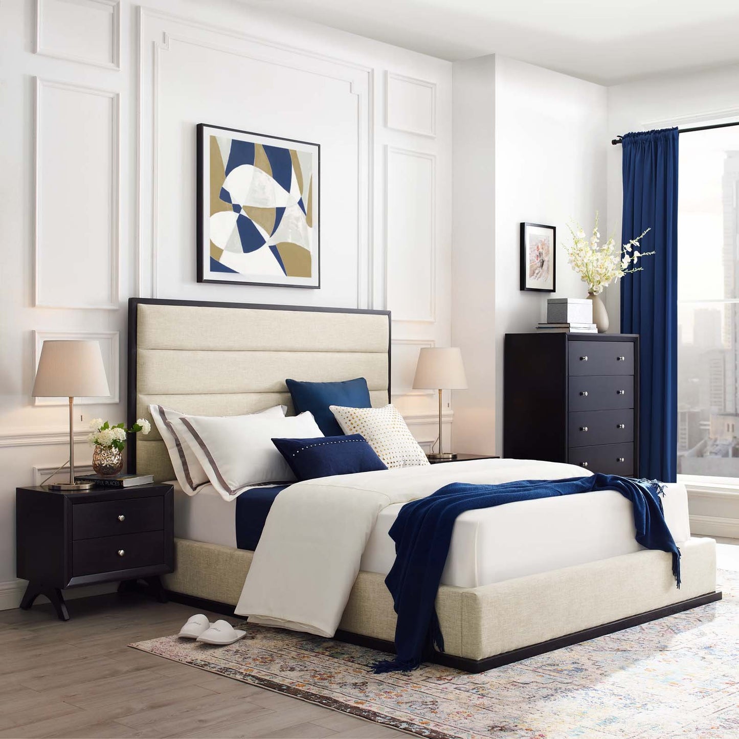 Modway Ashland Queen Upholstered Linen Fabric Platform Bed Beige