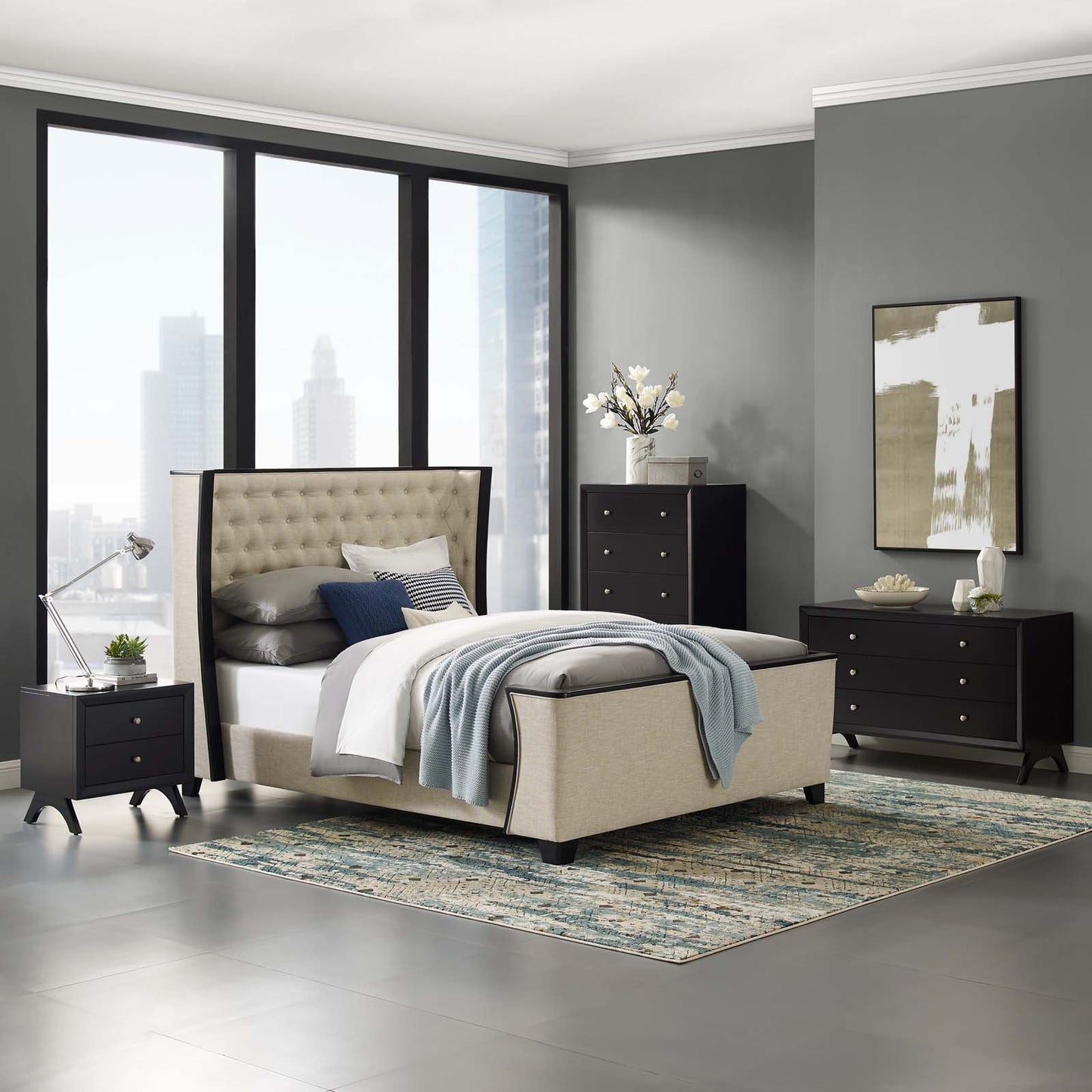 Modway Galia Queen Upholstered Linen Fabric Platform Bed Beige