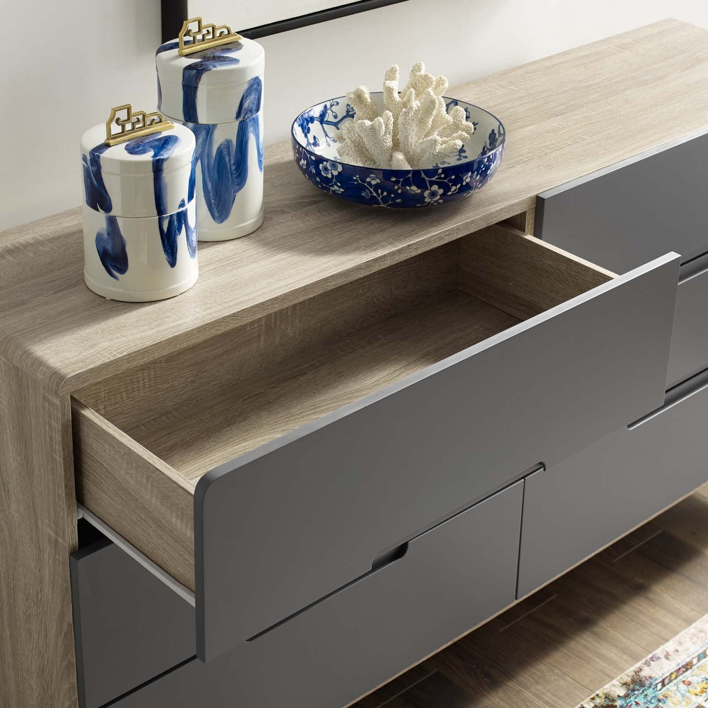 Modway Origin Six-Drawer Wood Dresser or Display Stand Natural Gray