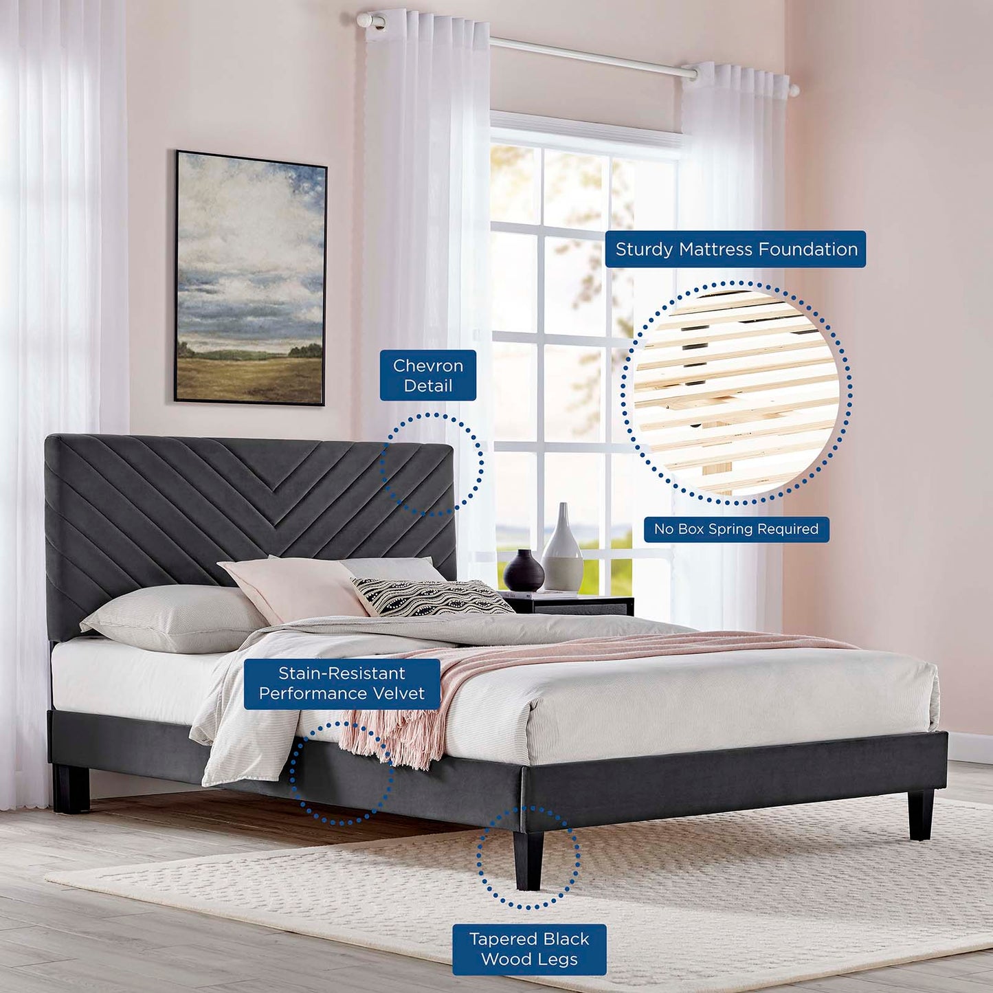 Roxanne Performance Velvet Queen Platform Bed By Modway - MOD-6285-CHA | Beds |  Modishstore - 8