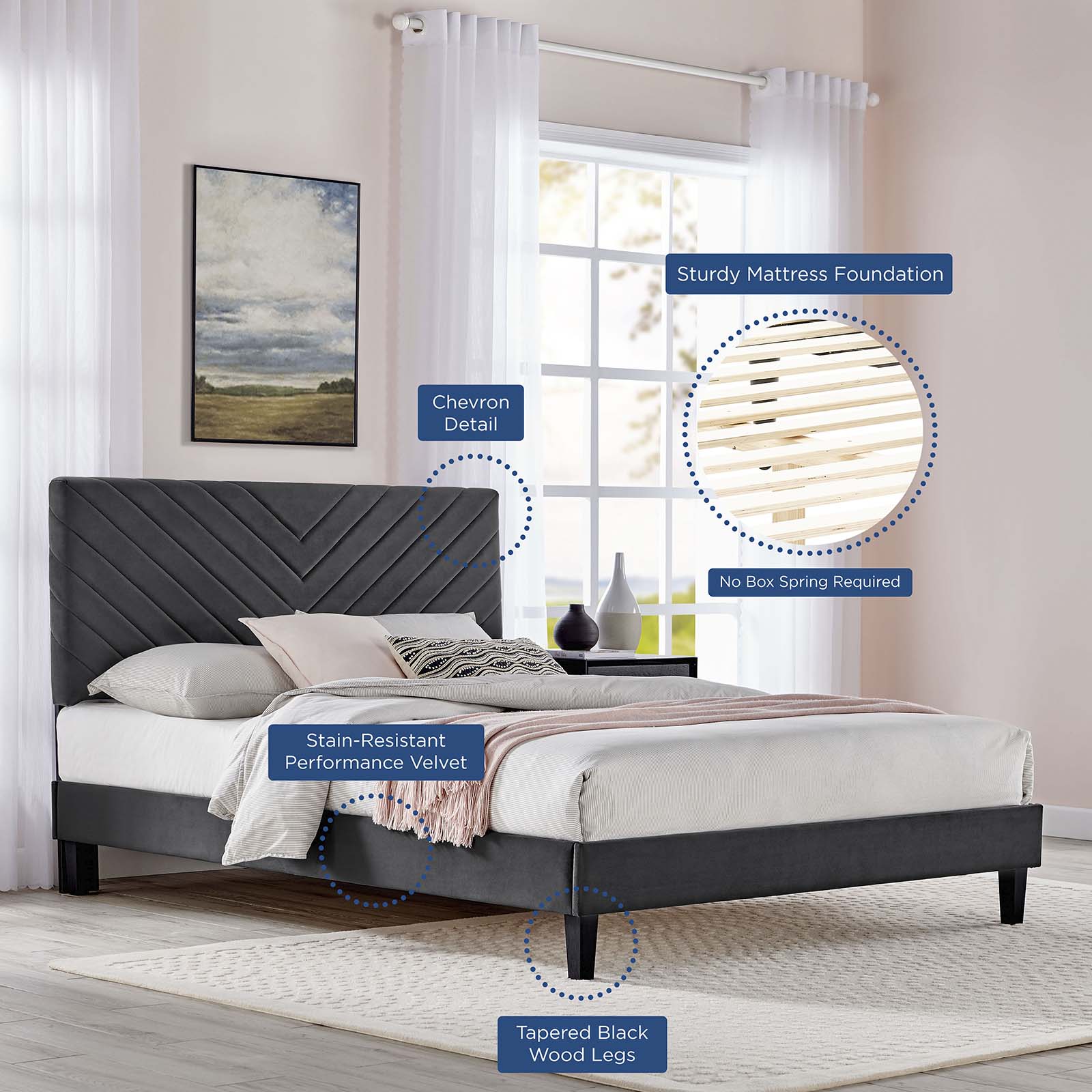 Roxanne Performance Velvet Queen Platform Bed By Modway - MOD-6285-CHA | Beds |  Modishstore - 8