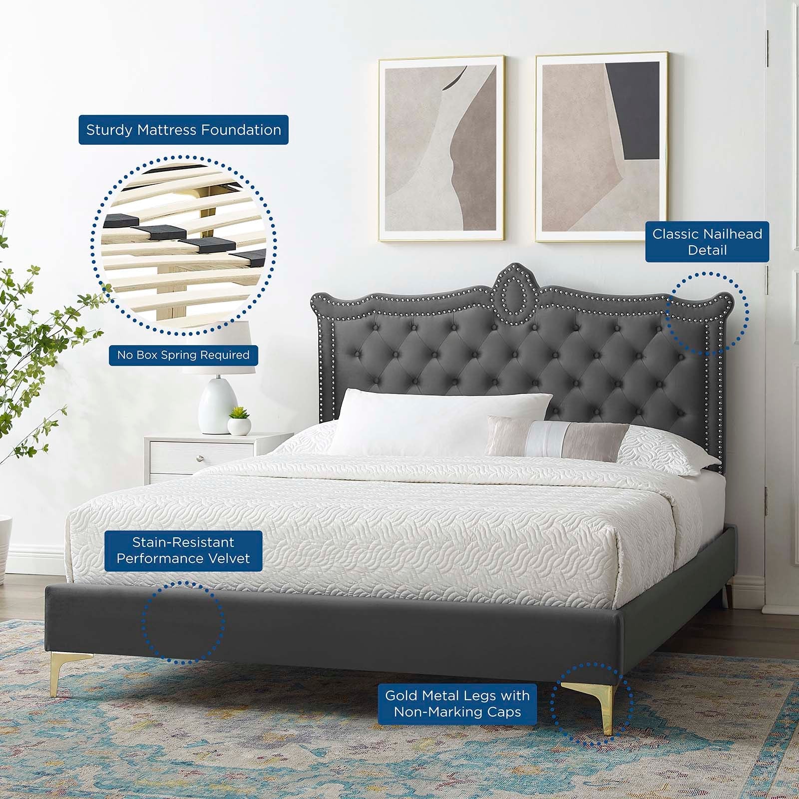 Clara Performance Velvet Queen Platform Bed By Modway - MOD-6592-CHA | Beds |  Modishstore - 4