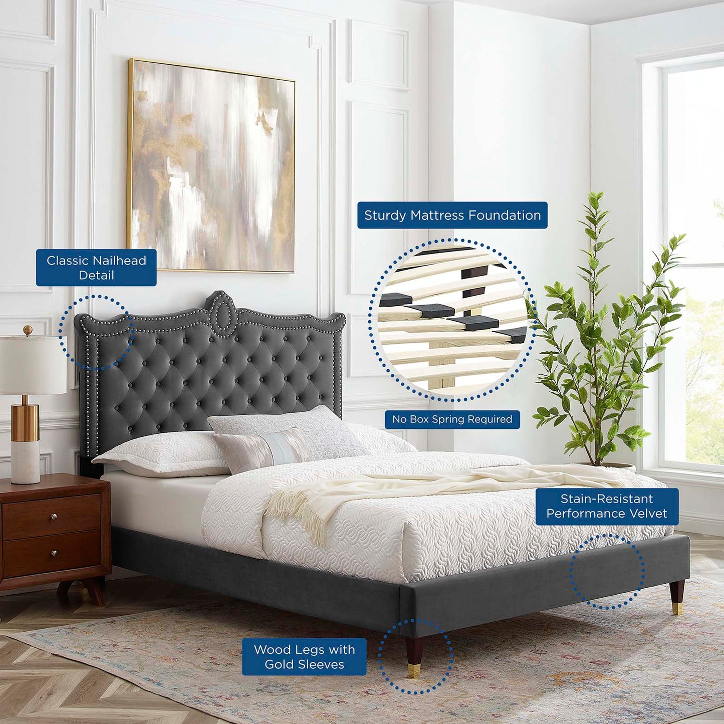 Clara Performance Velvet Queen Platform Bed By Modway - MOD-6593-CHA | Beds |  Modishstore - 4