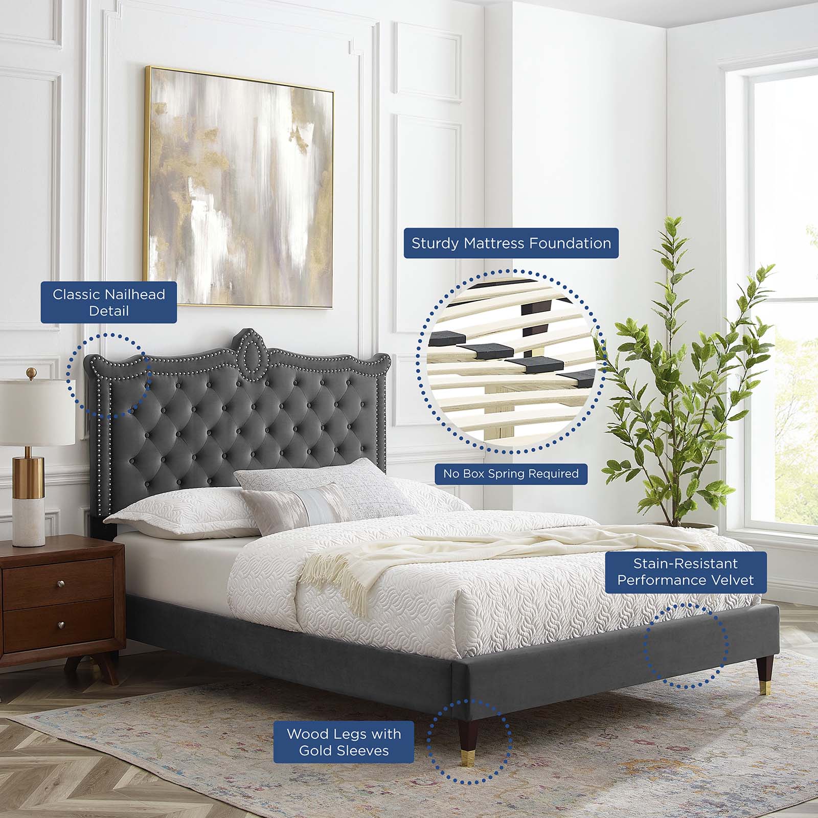 Clara Performance Velvet Queen Platform Bed By Modway - MOD-6593-CHA | Beds |  Modishstore - 4