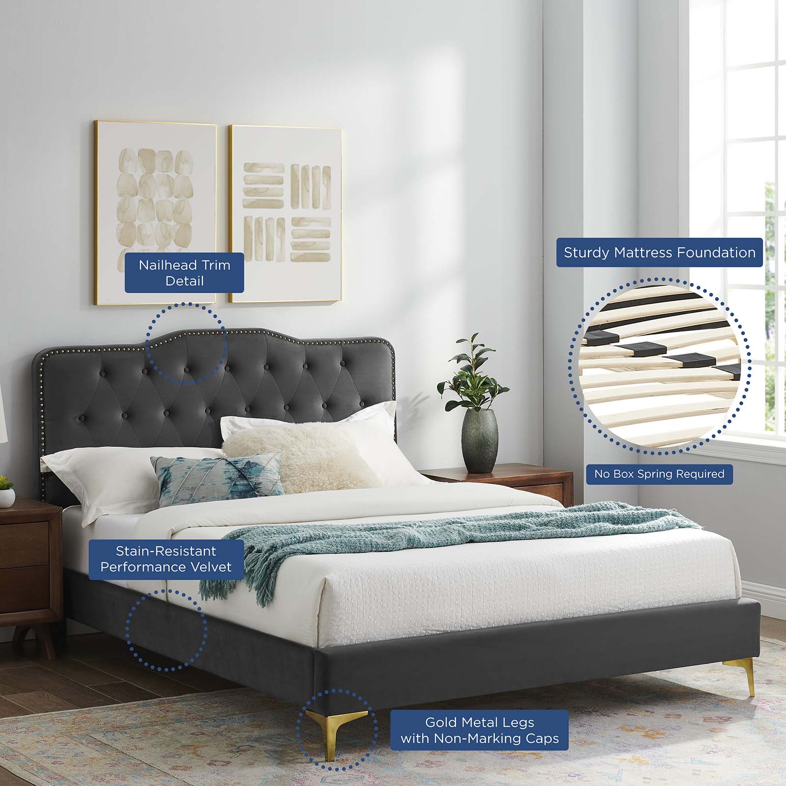 Amber Performance Velvet Queen Platform Bed By Modway - MOD-6775 | Beds - 7