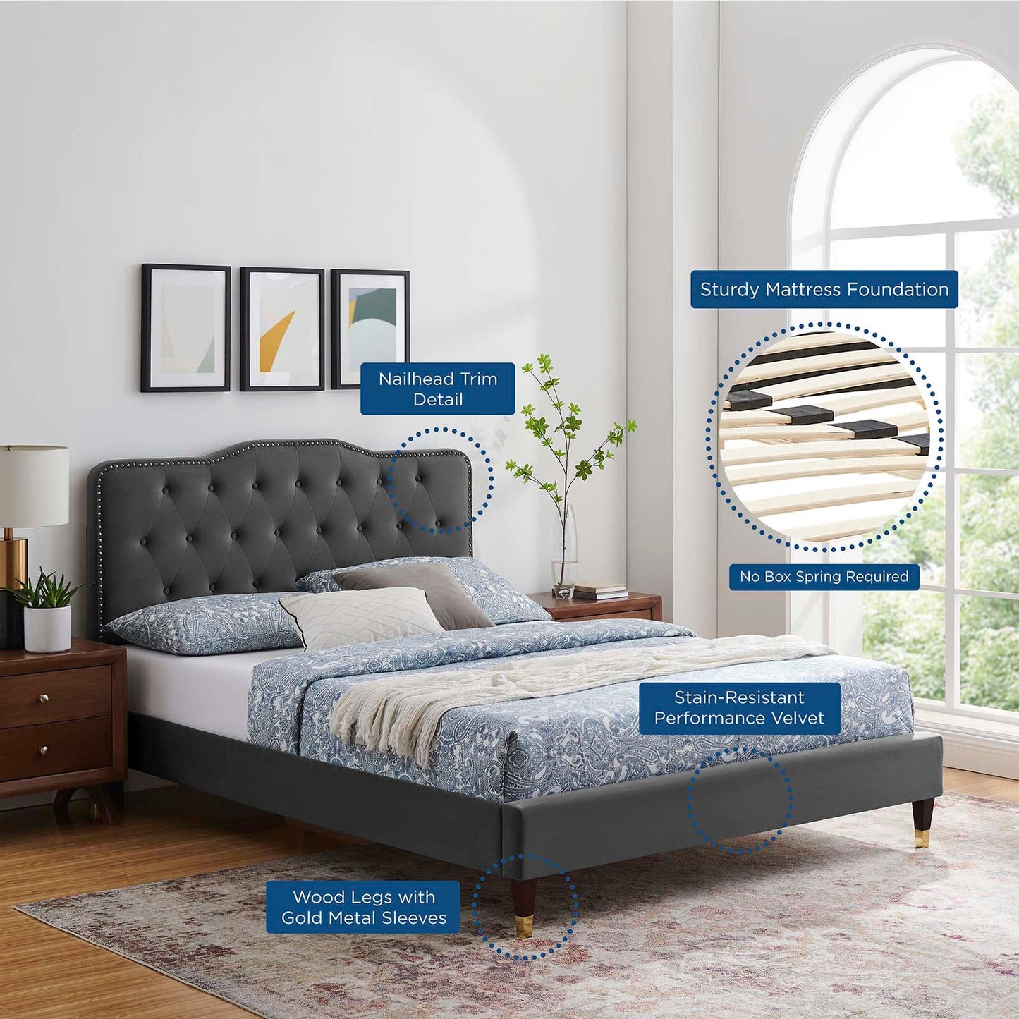 Amber Performance Velvet Queen Platform Bed By Modway - MOD-6776 | Beds - 7