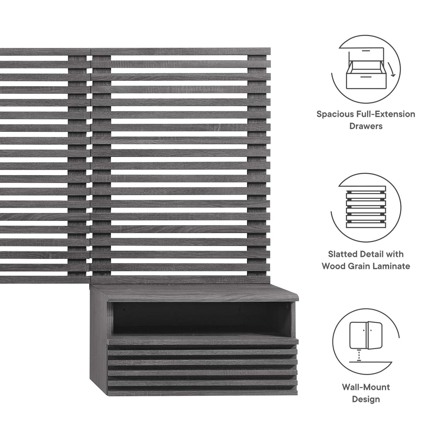 Render Wall Mount Queen Headboard and Modern Nightstands By Modway - MOD-7116 | Headboards | Modishstore - 5