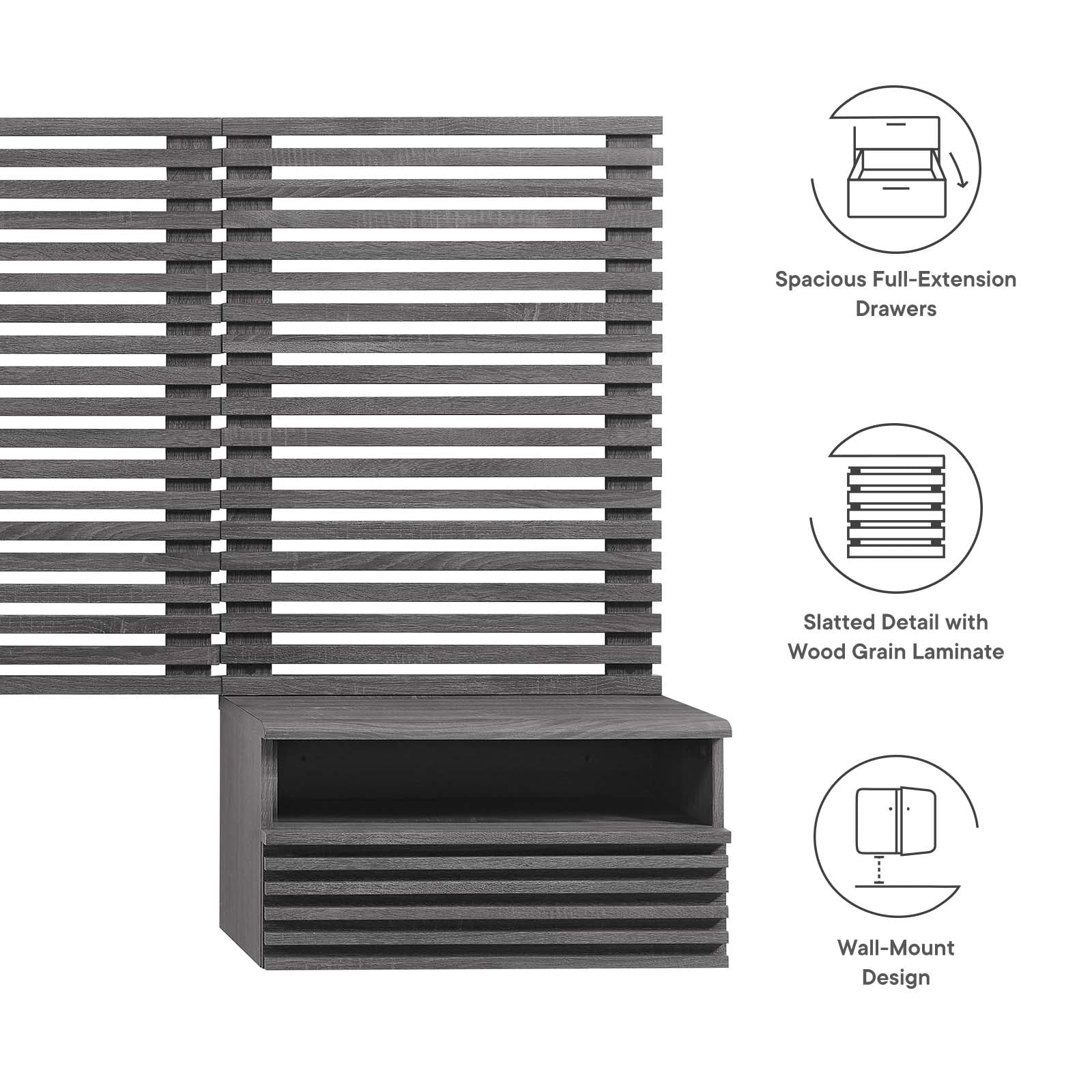 Render Wall Mount Queen Headboard and Modern Nightstands By Modway - MOD-7116 | Headboards | Modishstore - 5