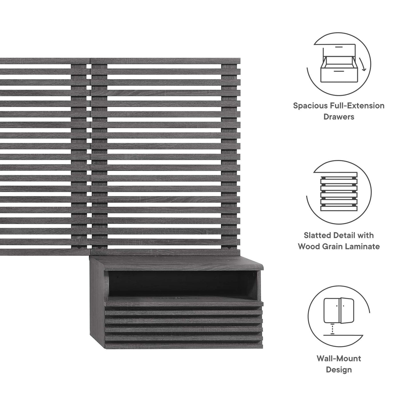 Render Wall Mount King Headboard and Modern Nightstands By Modway - MOD-7117 | Headboards | Modishstore - 5