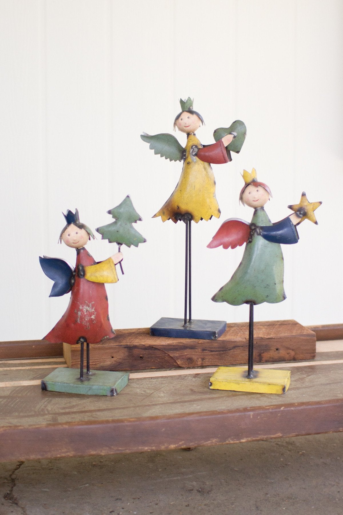 Kalalou Recycled Metal Angels On Metal Base - Set Of 3