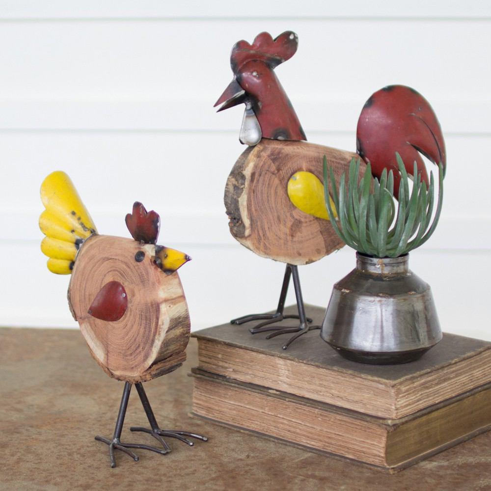 Kalalou Wood And Iron Rooster And Chicken - Set of 2
