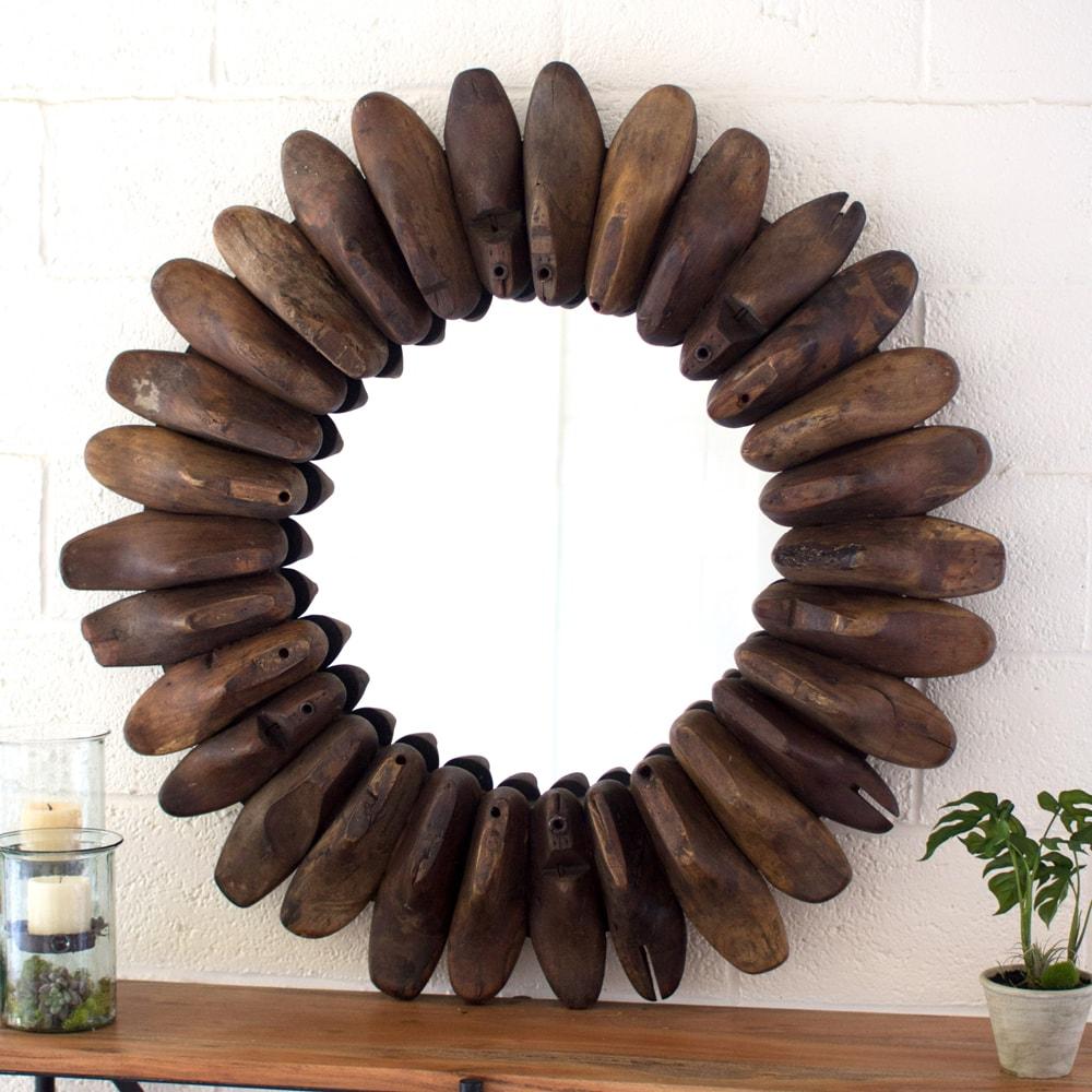 Kalalou Round Wooden Antique Shoe Mold Mirror