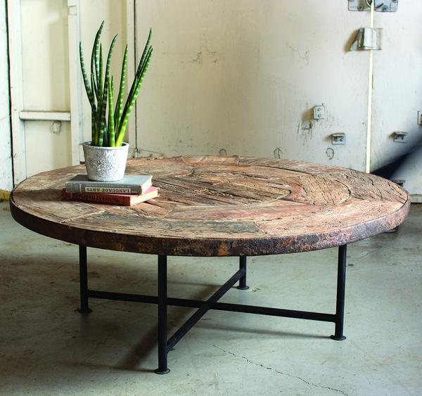 Kalalou Antique Wooden Wagon Wheel Coffee Table With Iron Base