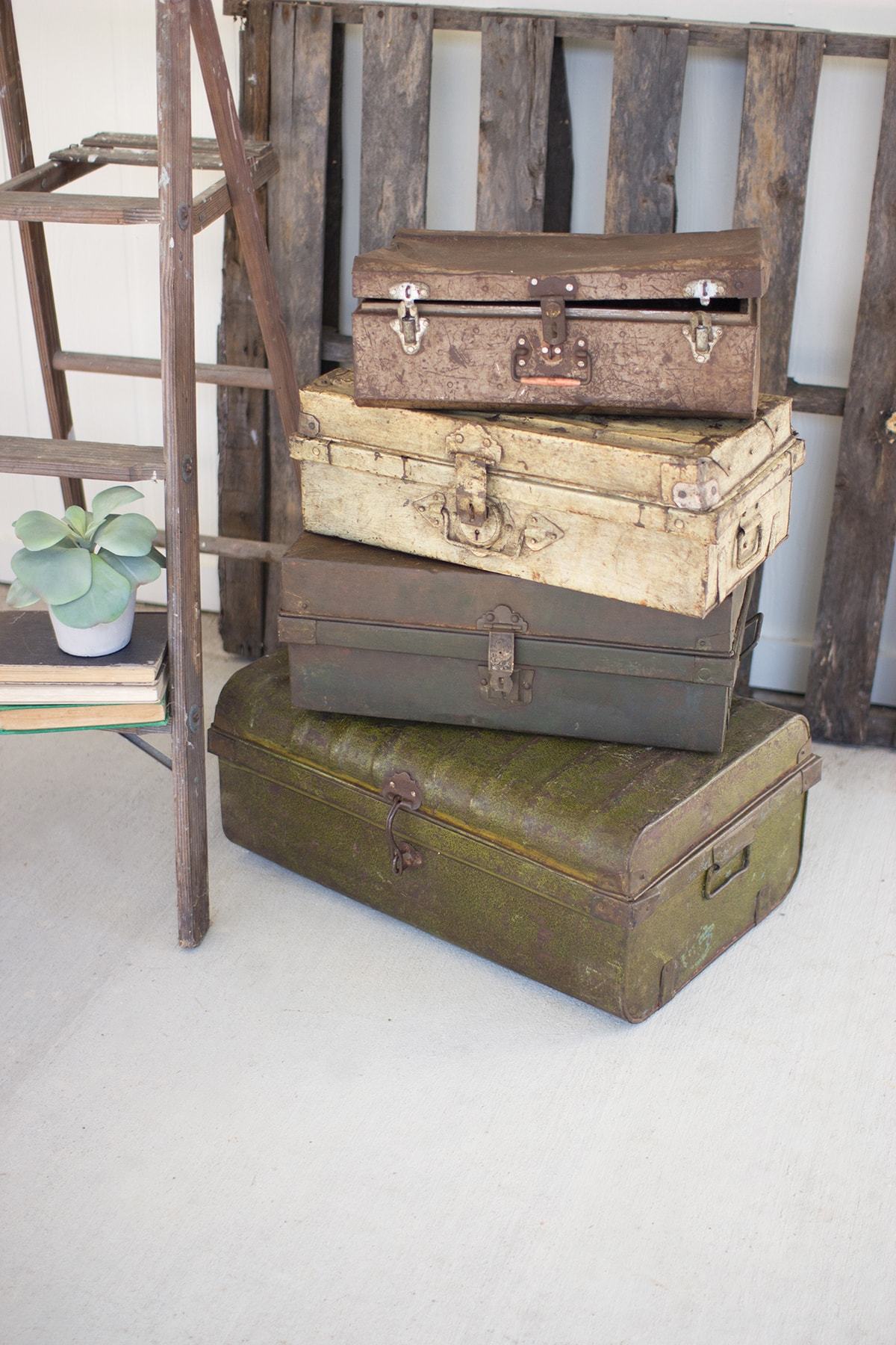 Kalalou Set Of 4 Rustic Metal Antique Suit Cases