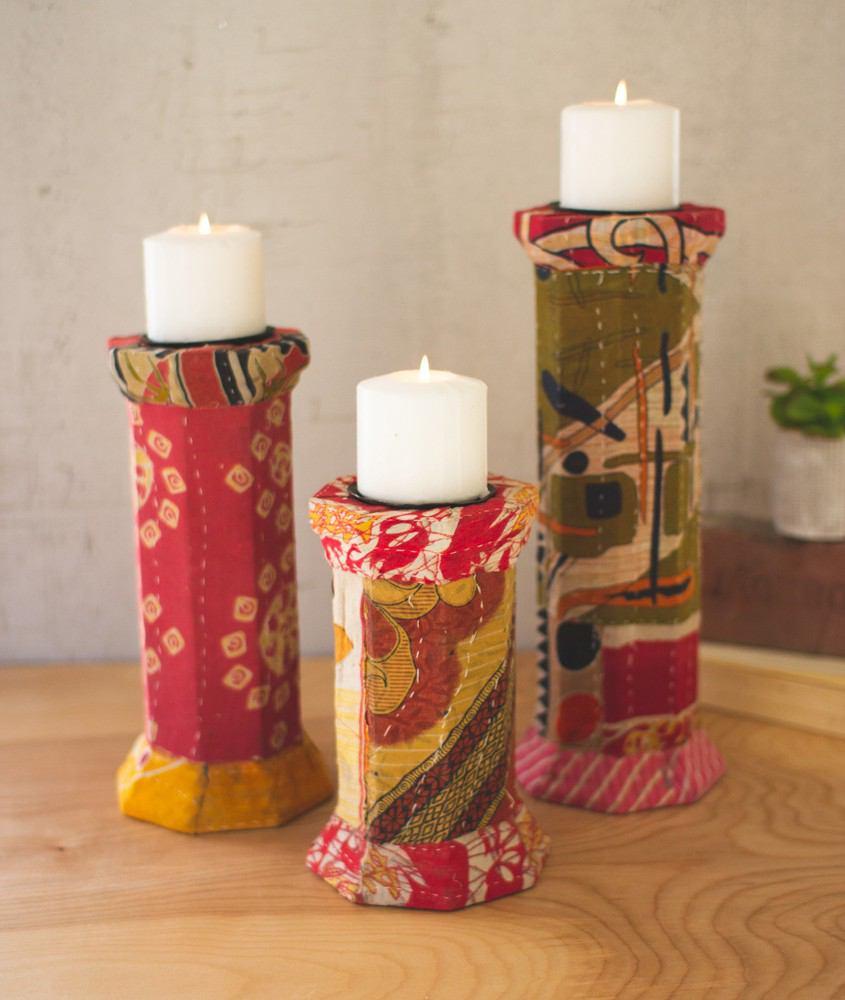 Kalalou Set Of 3 Kantha Wrapped Candle Holders