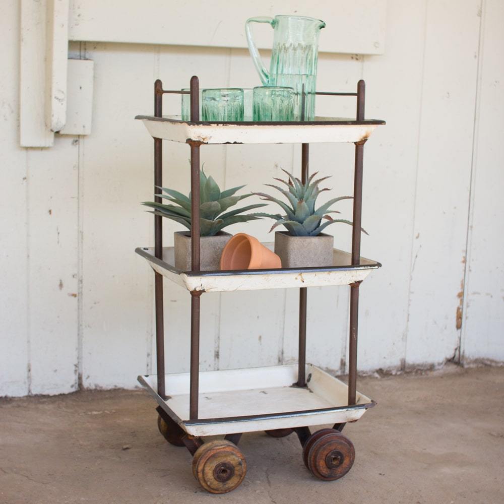 Kalalou Recycled Enamel Trays Bar Cart With Wooden Casters