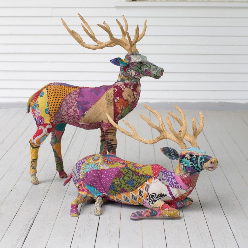 Kalalou Set Of 2 Stag With Recycled Patchwork Cloth