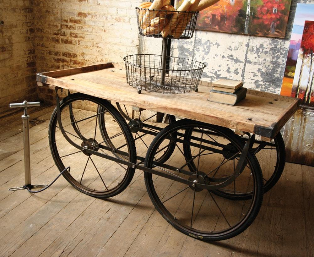 Kalalou Recycled Wood And Iron Rolling Vendor Cart With Bicycle Tire Pump