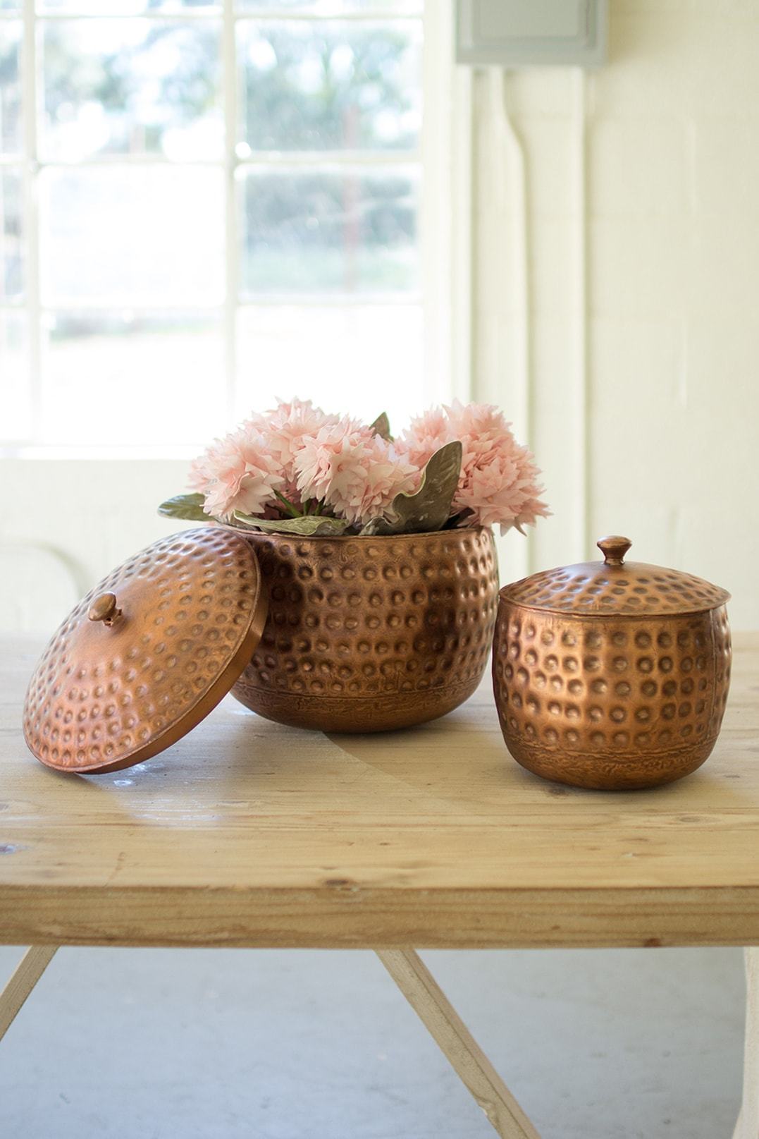 Kalalou Set Of 2 Hammered Antique Copper Urns With Lids