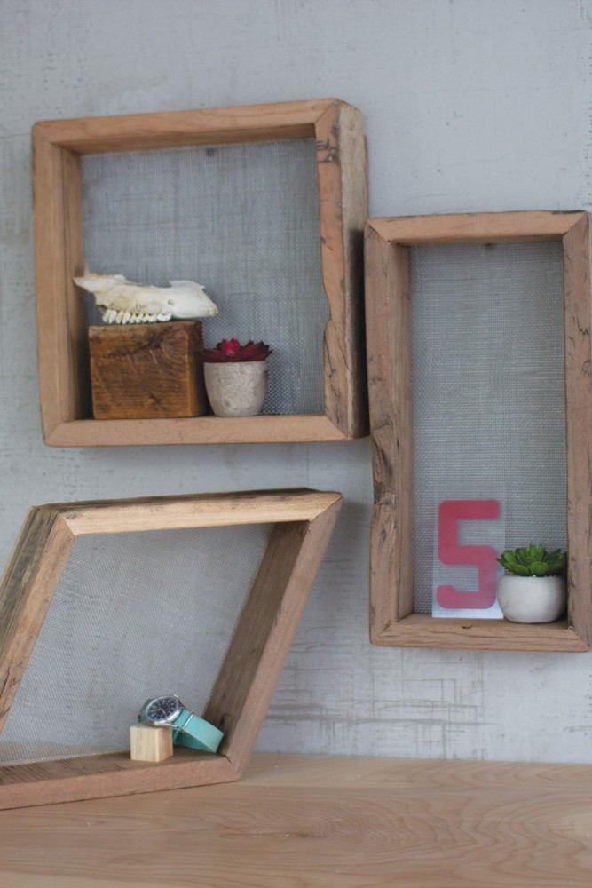 Kalalou Set Of 3 Recycled Wood Shelves With Wire Mesh