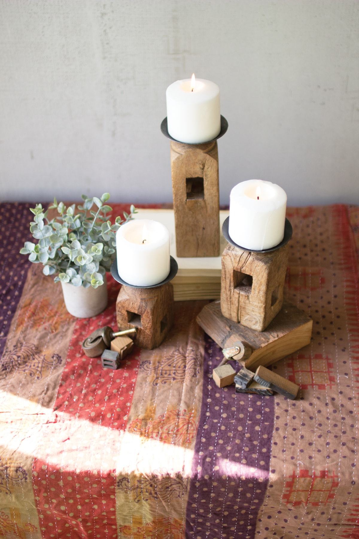 Kalalou Set Of 3 Square Wooden Furniture Leg Candle Holders - Set of 2