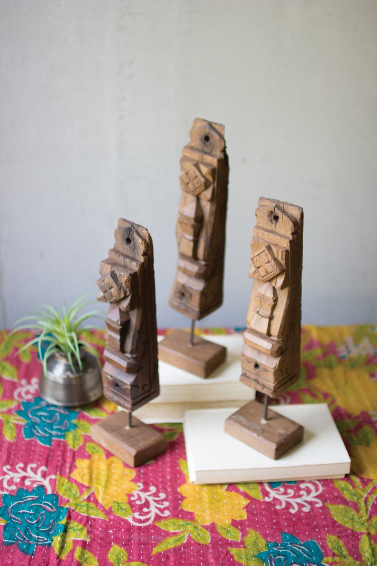 Kalalou Set Of 3 Wooden Architectural Accents On Stands