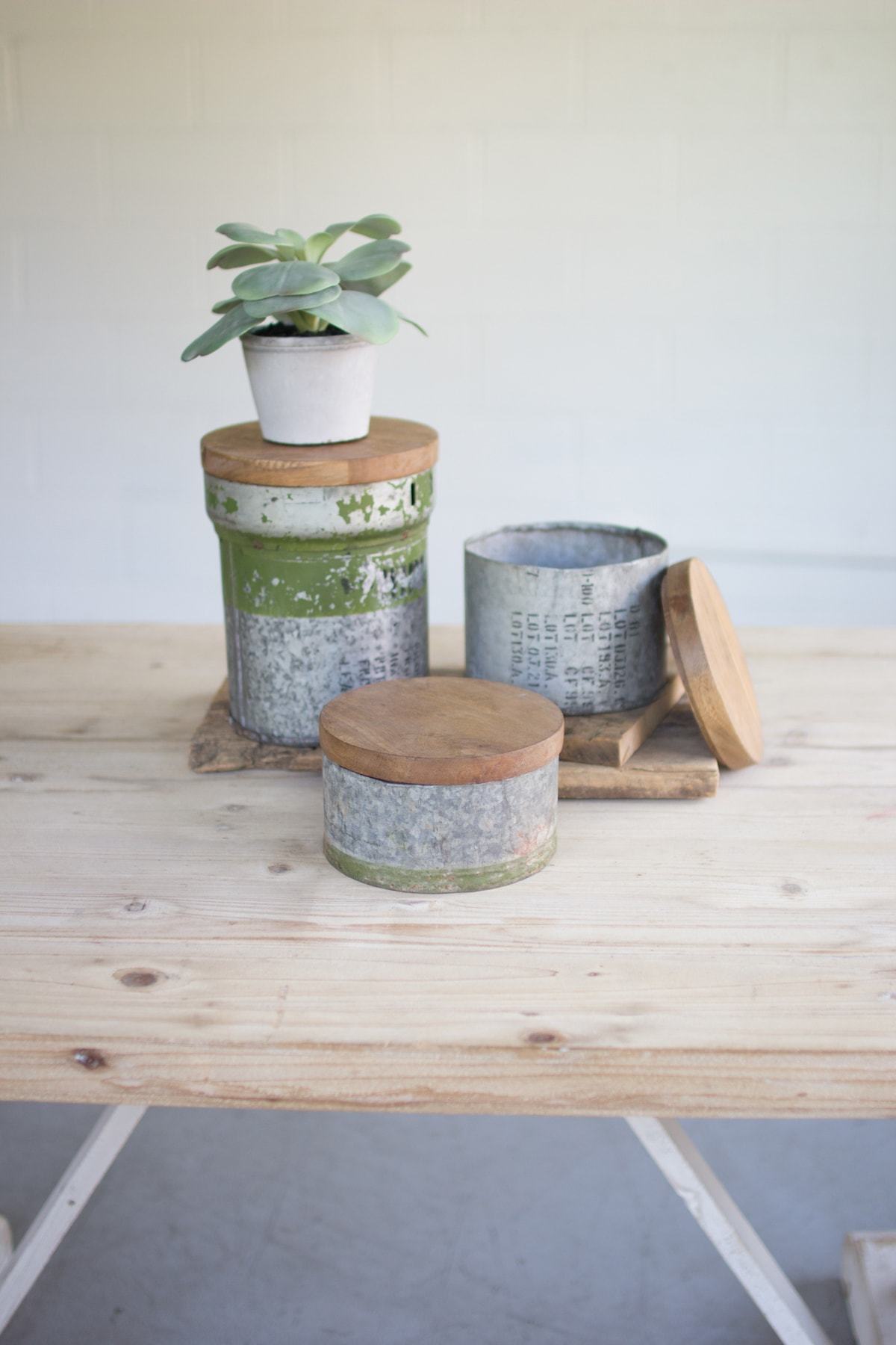 Kalalou Set Of 3 Repurposed Military Canisters With Wooden Tops