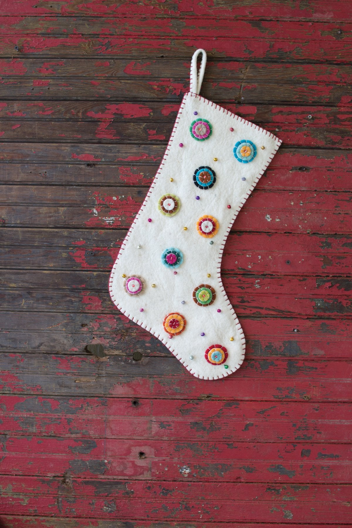 Kalalou Felt Stocking - Ivory With Button Flowers