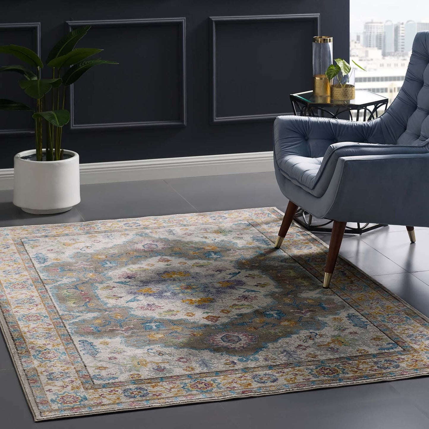 Modway Success Anisah Distressed Vintage Floral Persian Medallion 5x8 Area Rug