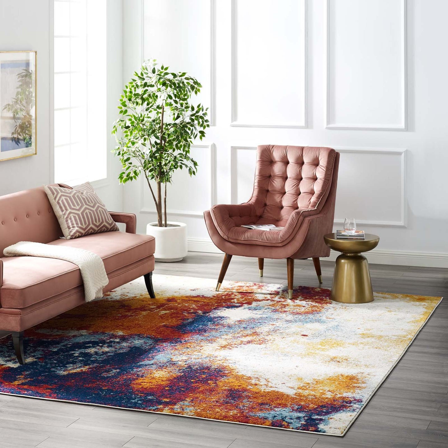 Modway Entourage Adeline Contemporary Modern Abstract 8x10 Area Rug Red, Orange, Yellow, Blue, Ivory