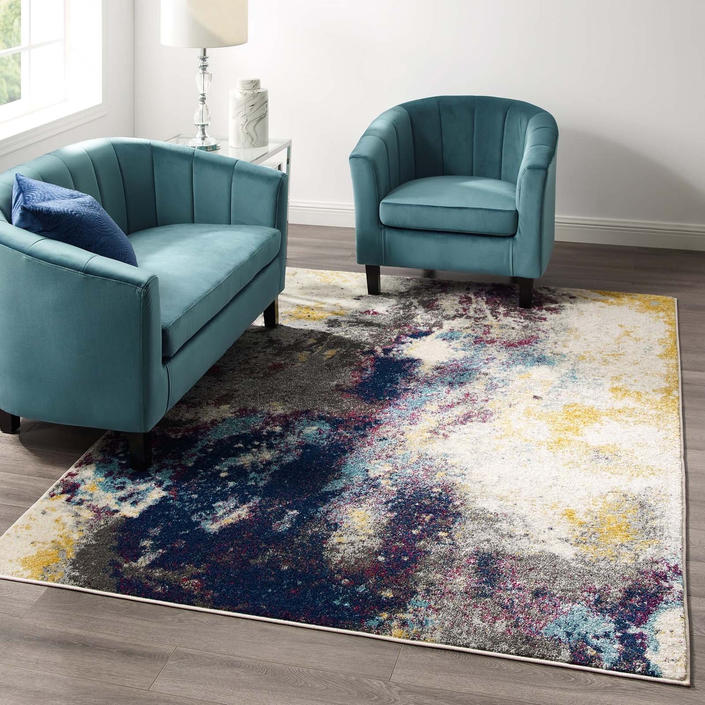 Modway Entourage Adeline Contemporary Modern Abstract 5x8 Area Rug Blue, Gray, Yellow, Ivory, Pink