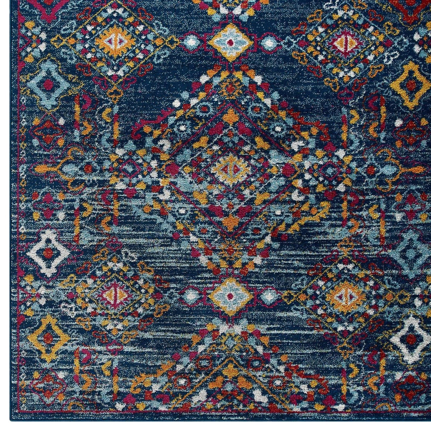 Modway Entourage Khalida Distressed Vintage Floral Lattice 5x8 Area Rug Blue, Orange, Yellow, Red