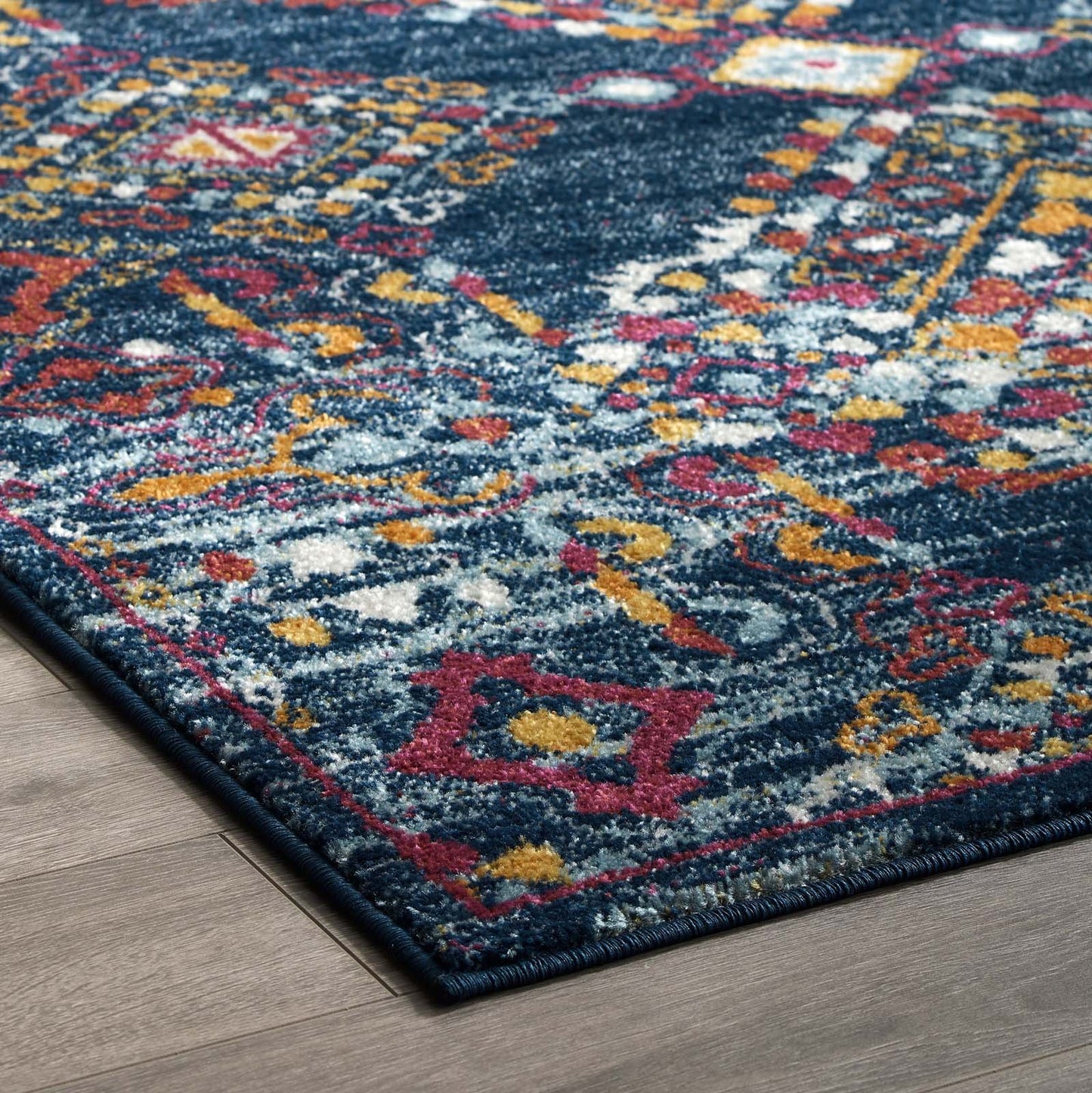 Modway Entourage Khalida Distressed Vintage Floral Lattice 5x8 Area Rug Blue, Orange, Yellow, Red